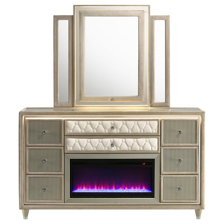 Lorient Ivory and Camel 8-Drawer LED Flame Box Dresser and Mirror from Coaster - Luna Furniture