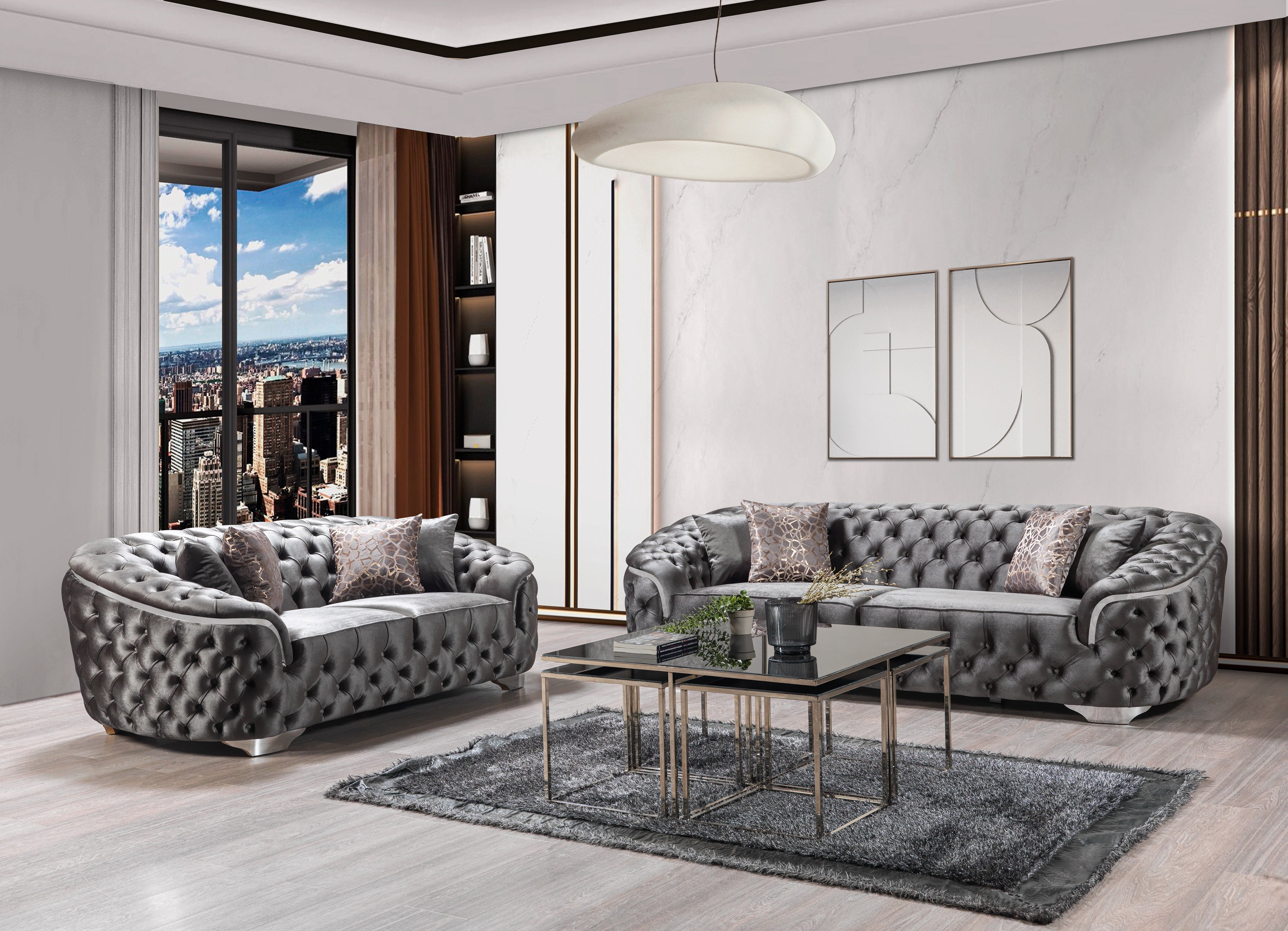 ウニコ　LOWEY オットマン　グレー Nova Furniture Lupino Gray Velvet Sofa & Loveseat – Luna Furniture