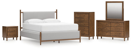 Lyncott California King Upholstered Bed with Mirrored Dresser, Chest and Nightstand in Brown from Ashley - Luna Furniture