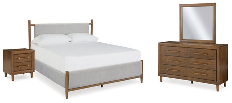 Lyncott California King Upholstered Bed with Mirrored Dresser and Nightstand in Brown from Ashley - Luna Furniture
