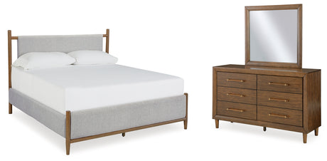 Lyncott California King Upholstered Bed with Mirrored Dresser in Brown from Ashley - Luna Furniture