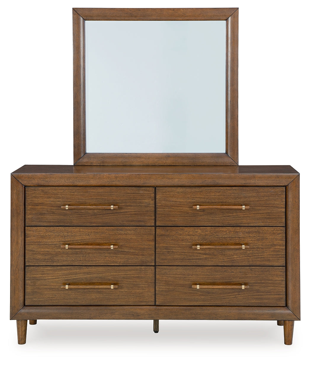 Lyncott Queen Upholstered Bed with Mirrored Dresser and 2 Nightstands in Brown from Ashley - Luna Furniture