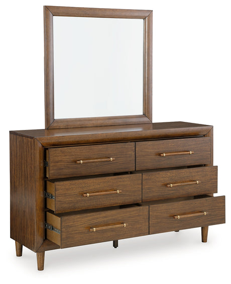 Lyncott Queen Upholstered Bed with Mirrored Dresser and 2 Nightstands in Brown from Ashley - Luna Furniture