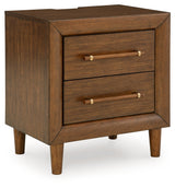 Lyncott Queen Upholstered Bed with Mirrored Dresser and 2 Nightstands in Brown from Ashley - Luna Furniture