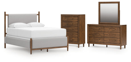 Lyncott Queen Upholstered Bed with Mirrored Dresser and Chest in Brown from Ashley - Luna Furniture