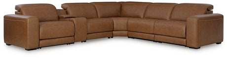Magic Man Caramel 6-Piece Power Reclining Sectional with Console from Ashley Furniture - Luna Furniture