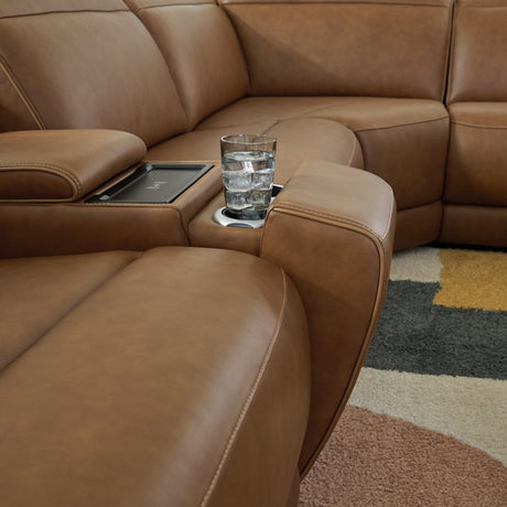 Magic Man Caramel 6-Piece Power Reclining Sectional with Console from Ashley Furniture - Luna Furniture