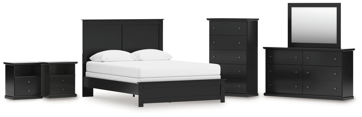 Maribel Queen Panel Bed with Mirrored Dresser, Chest and 2 Nightstands in Black from Ashley - Luna Furniture
