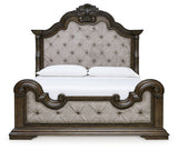 Maylee California King Upholstered Bed with Mirrored Dresser and Nightstand in Dark Brown from Ashley - Luna Furniture