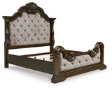 Maylee California King Upholstered Bed with Mirrored Dresser and Nightstand in Dark Brown from Ashley - Luna Furniture