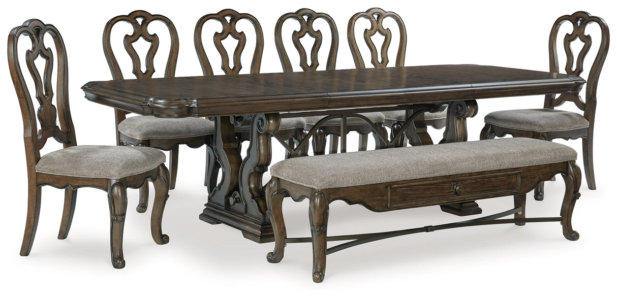 Maylee Dark Brown Dining Table and 6 Chairs and Bench from Ashley - Luna Furniture