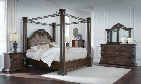 Maylee Dark Brown Queen Upholstered Canopy Bed from Ashley - Luna Furniture