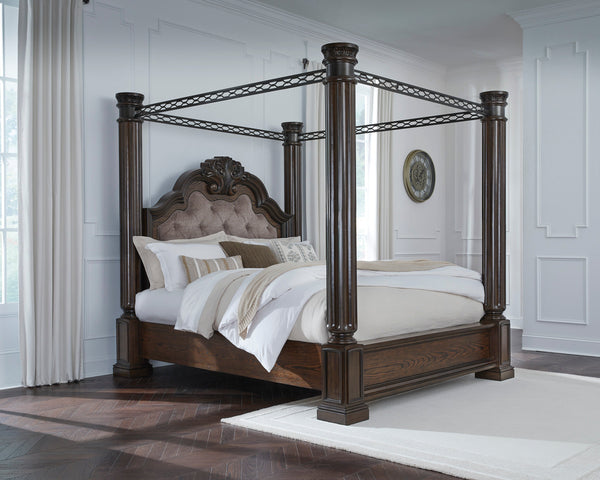 Maylee Dark Brown Queen Upholstered Canopy Bed