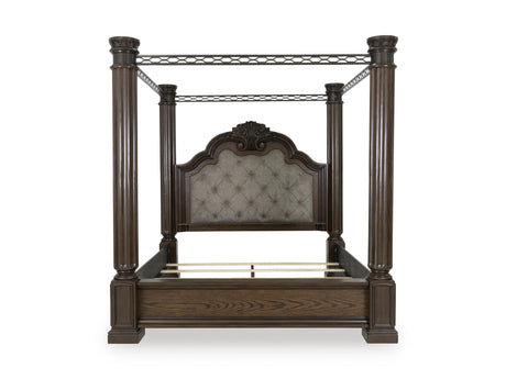 Maylee Dark Brown Queen Upholstered Canopy Bed from Ashley - Luna Furniture