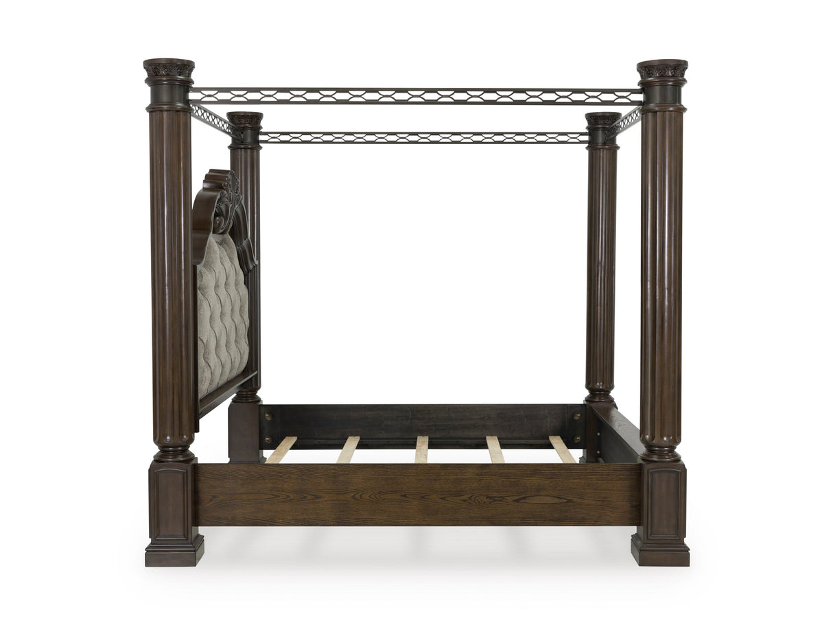 Maylee Dark Brown Queen Upholstered Canopy Bed from Ashley - Luna Furniture