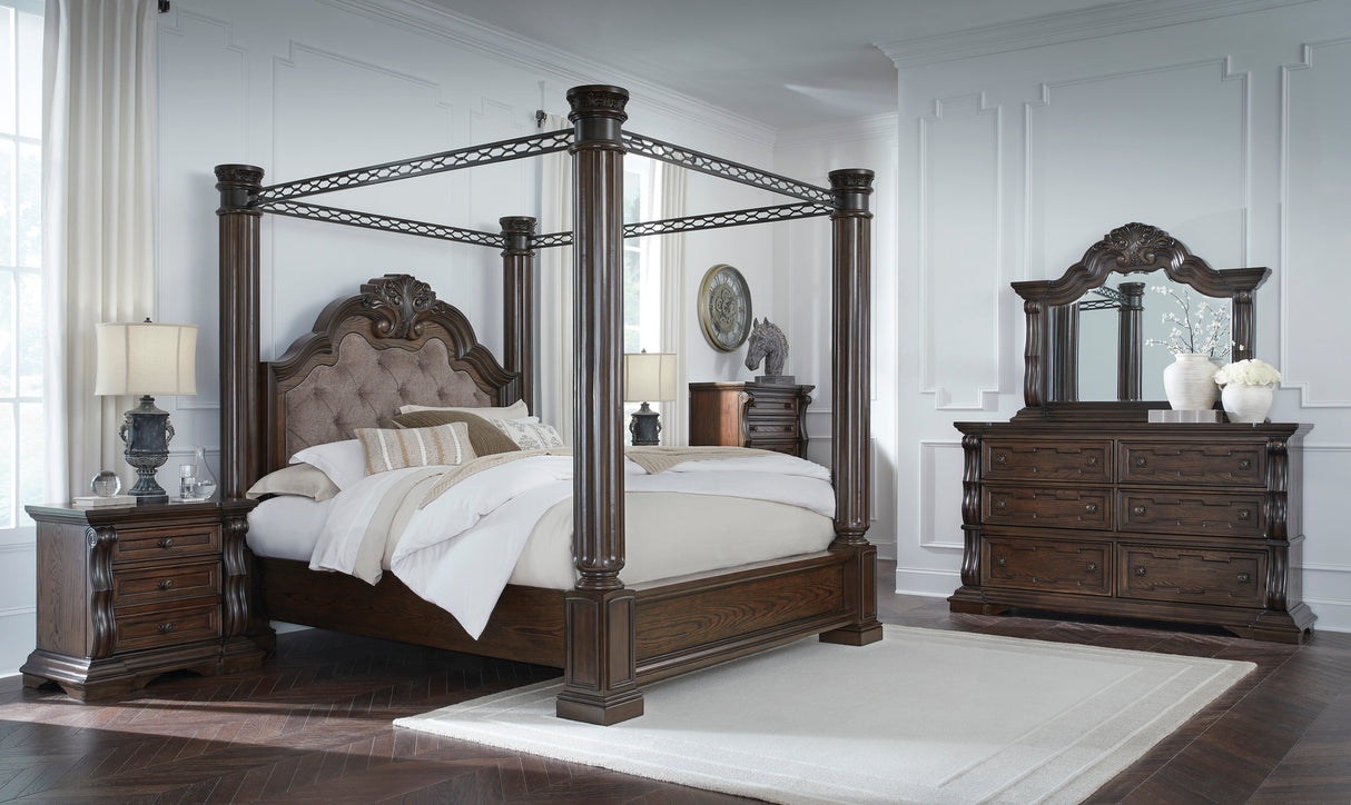 Maylee Dark Brown Queen Upholstered Canopy Bed from Ashley - Luna Furniture
