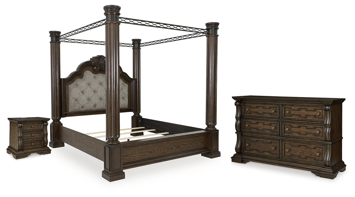 Maylee King Canopy Bed with Dresser and Nightstand in Dark Brown from Ashley - Luna Furniture