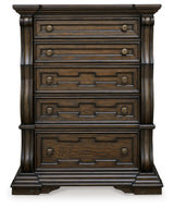 Maylee King Canopy Bed with Mirrored Dresser, Chest and 2 Nightstands in Dark Brown from Ashley - Luna Furniture