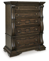 Maylee King Canopy Bed with Mirrored Dresser, Chest and 2 Nightstands in Dark Brown from Ashley - Luna Furniture