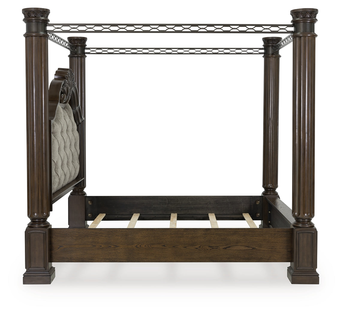Maylee King Canopy Bed with Mirrored Dresser, Chest and 2 Nightstands in Dark Brown from Ashley - Luna Furniture