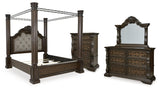 Maylee King Canopy Bed with Mirrored Dresser and Chest in Dark Brown from Ashley - Luna Furniture