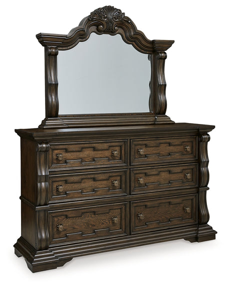 Maylee King Canopy Bed with Mirrored Dresser and Chest in Dark Brown from Ashley - Luna Furniture
