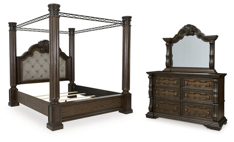 Maylee King Canopy Bed with Mirrored Dresser in Dark Brown from Ashley - Luna Furniture