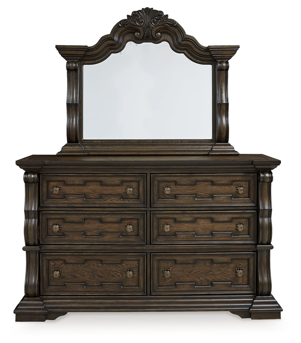 Maylee King Upholstered Bed with Mirrored Dresser, Chest and 2 Nightstands in Dark Brown from Ashley - Luna Furniture