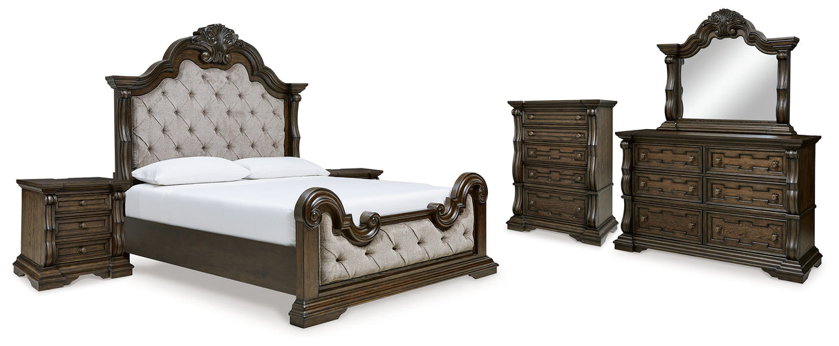 Maylee Queen Upholstered Bed with Mirrored Dresser, Chest and 2 Nightstands in Dark Brown from Ashley - Luna Furniture