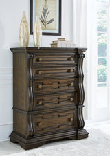 Maylee Queen Upholstered Bed with Mirrored Dresser, Chest and 2 Nightstands in Dark Brown from Ashley - Luna Furniture