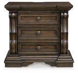 Maylee Queen Upholstered Bed with Mirrored Dresser and Nightstand in Dark Brown from Ashley - Luna Furniture