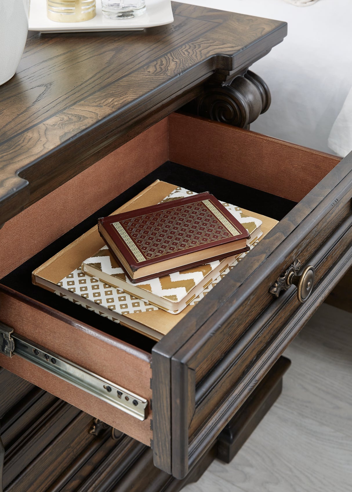 Maylee Queen Upholstered Bed with Mirrored Dresser and Nightstand in Dark Brown from Ashley - Luna Furniture