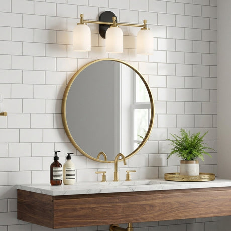Meadows Three Lights Vanity Brushed Gold Bathroom Wall Light for Bathroom Over Mirror 20.5"W × 10.125"H × 5.5"E with White Frosted Glass from Ashcroft Furniture - Luna Furniture