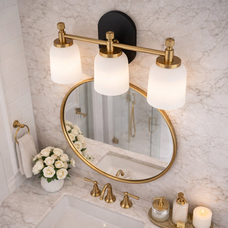 Meadows Three Lights Vanity Brushed Gold Bathroom Wall Light for Bathroom Over Mirror 20.5"W × 10.125"H × 5.5"E with White Frosted Glass from Ashcroft Furniture - Luna Furniture