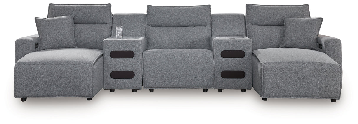 Modmax II Salt and Pepper 5-Piece Double Chaise Power Reclining Modular Sectional with 2 Audio Consoles from Ashley - Luna Furniture