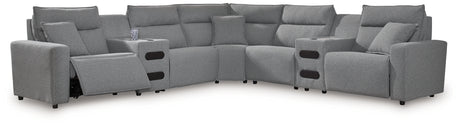 Modmax II Salt and Pepper 7-Piece Power Reclining Sectional with 2 Audio Consoles from Ashley - Luna Furniture