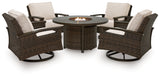 Monterey Point Outdoor Fire Pit Table and 4 Chairs in Dark Brown from Ashley - Luna Furniture