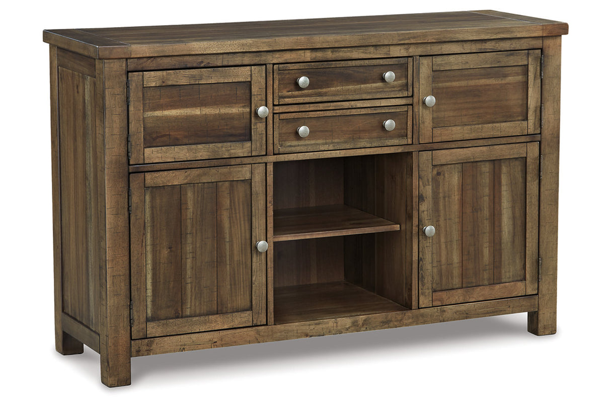 Moriville Grayish Brown Counter Height Dining Table, 4 Barstools and Server from Ashley - Luna Furniture