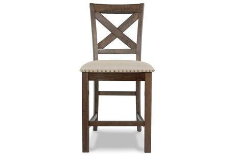 Moriville Grayish Brown Counter Height Dining Table with 4 Barstools, Bench, and Server from Ashley - Luna Furniture