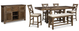 Moriville Grayish Brown Counter Height Dining Table with 4 Barstools, Bench, and Server from Ashley - Luna Furniture