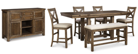 Moriville Grayish Brown Counter Height Dining Table with 4 Barstools, Bench, and Server from Ashley - Luna Furniture