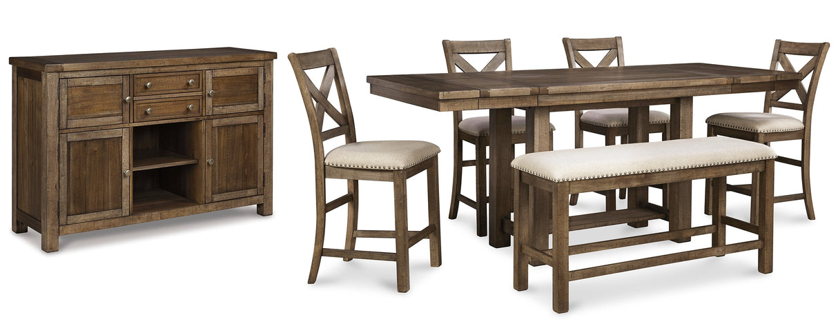 Moriville Grayish Brown Counter Height Dining Table with 4 Barstools, Bench, and Server from Ashley - Luna Furniture