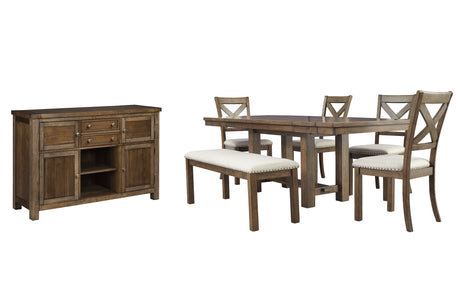 Moriville Grayish Brown Dining Table and 4 Chairs and Bench with Server from Ashley - Luna Furniture