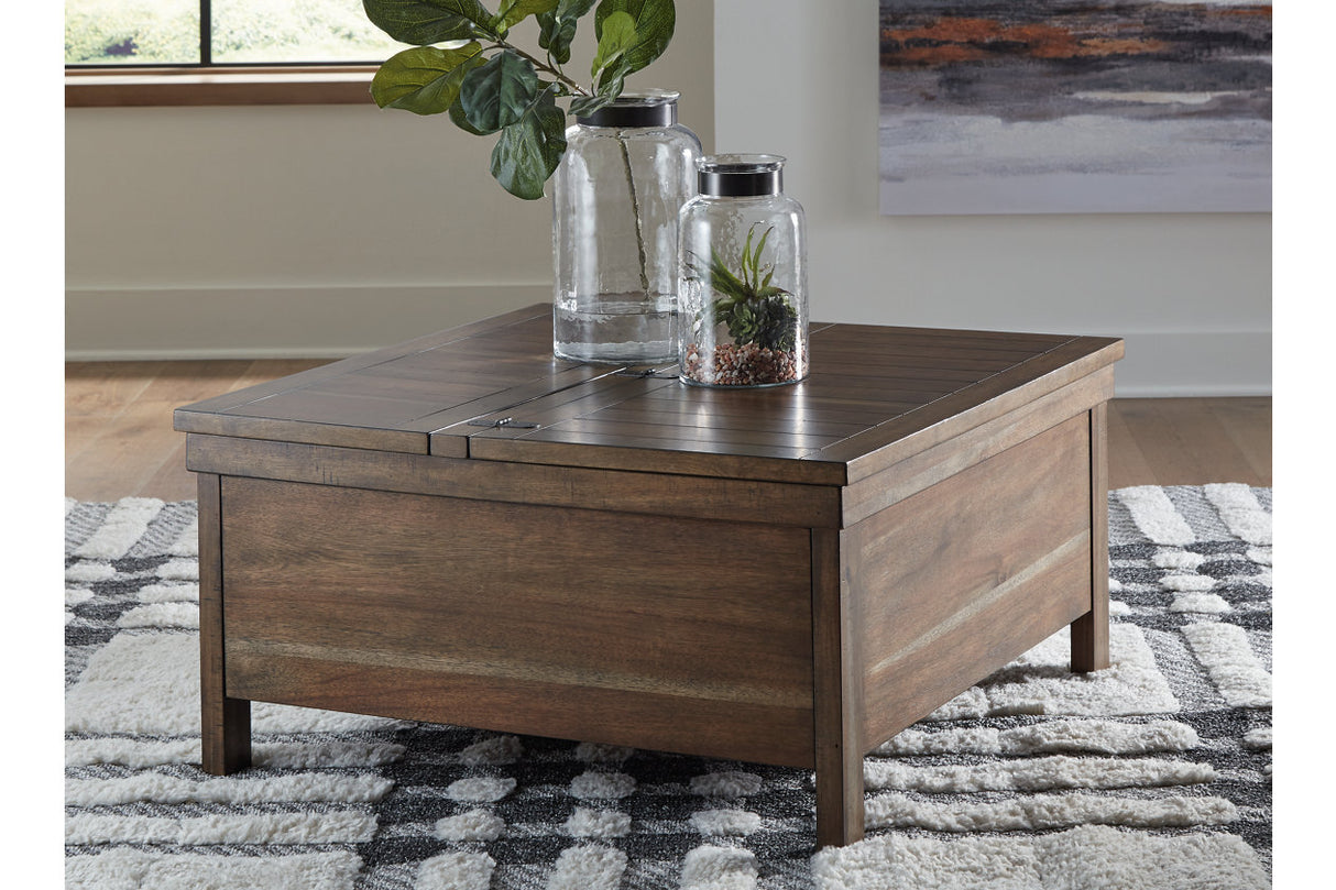Moriville Grayish Brown Lift-top Coffee Table and 2 Chairside End Tables from Ashley - Luna Furniture