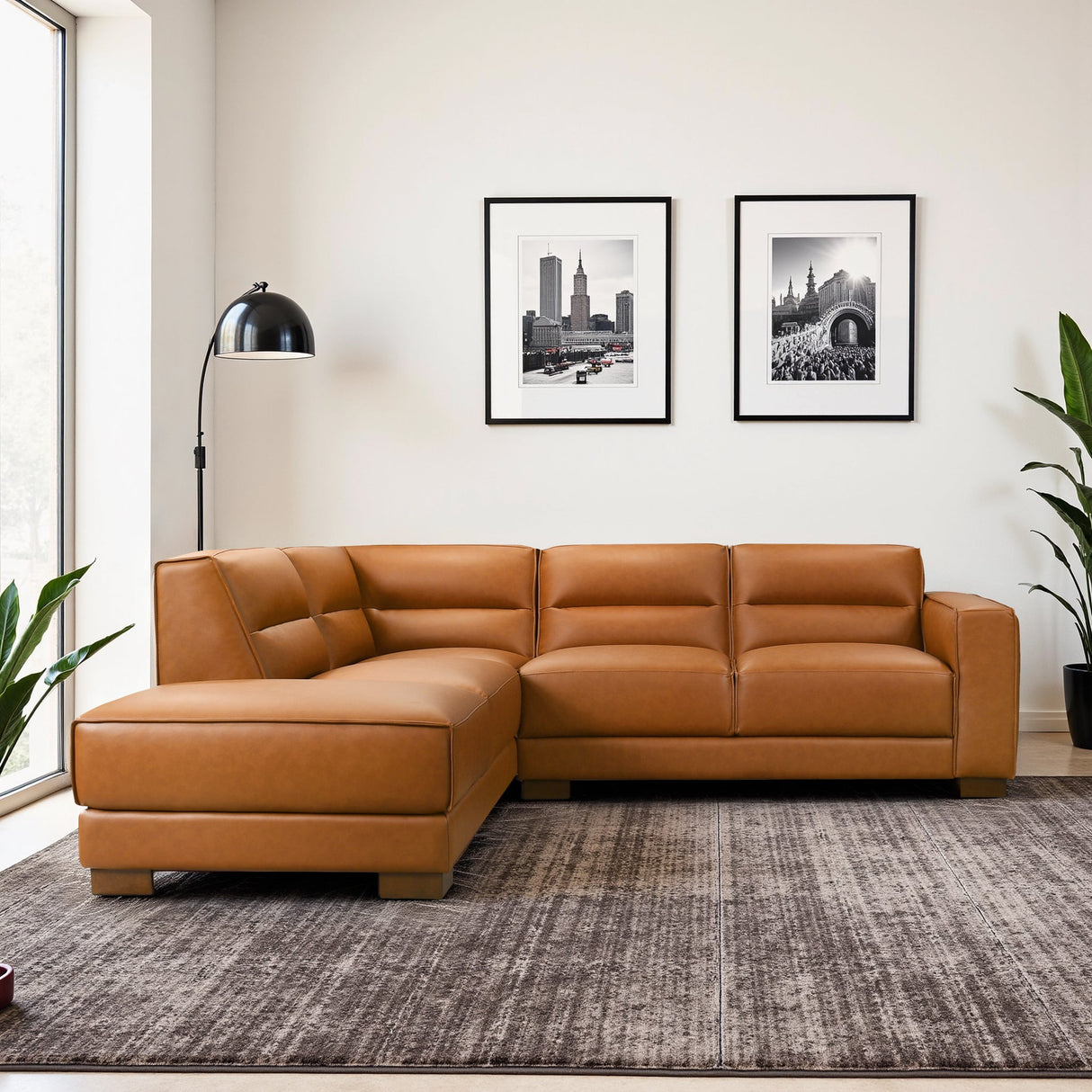 Muncie Cognac Vegan Leather LAF Sectional Sofa with Plush Cushions from Ashcroft Furniture - Luna Furniture