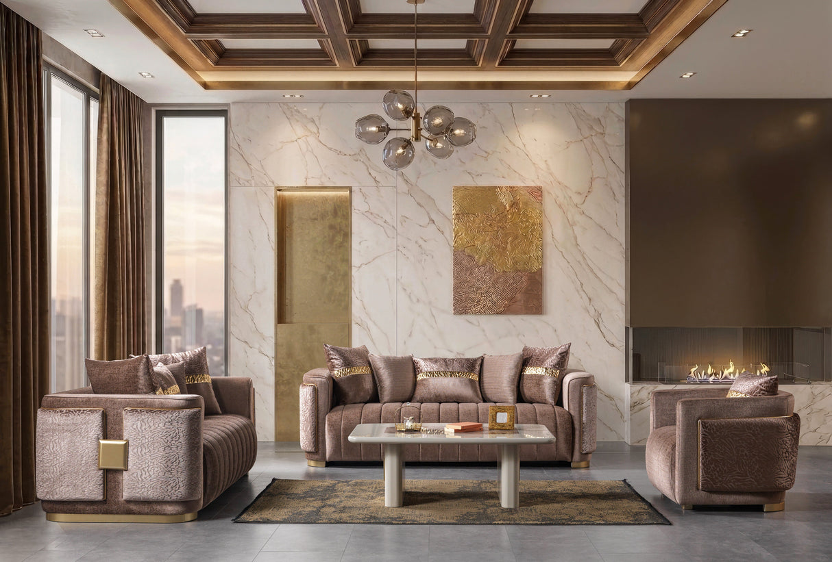 Carlina Coffee/Gold Velvet Sofa & Loveseat