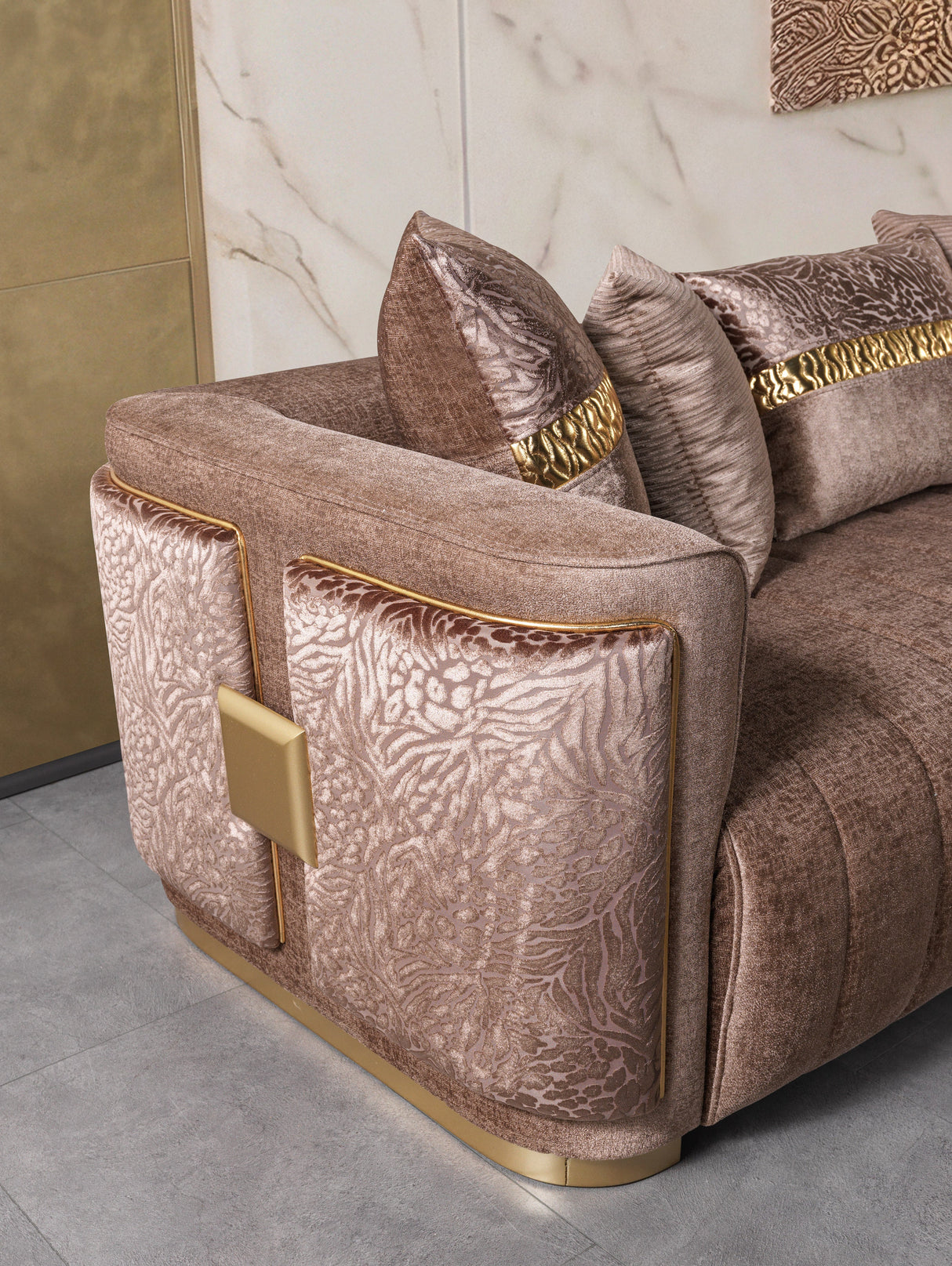 Carlina Coffee/Gold Velvet Sofa & Loveseat