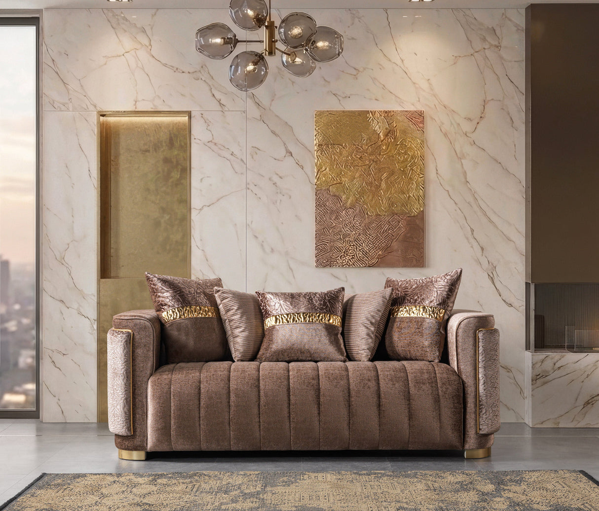 Carlina Coffee/Gold Velvet Sofa & Loveseat