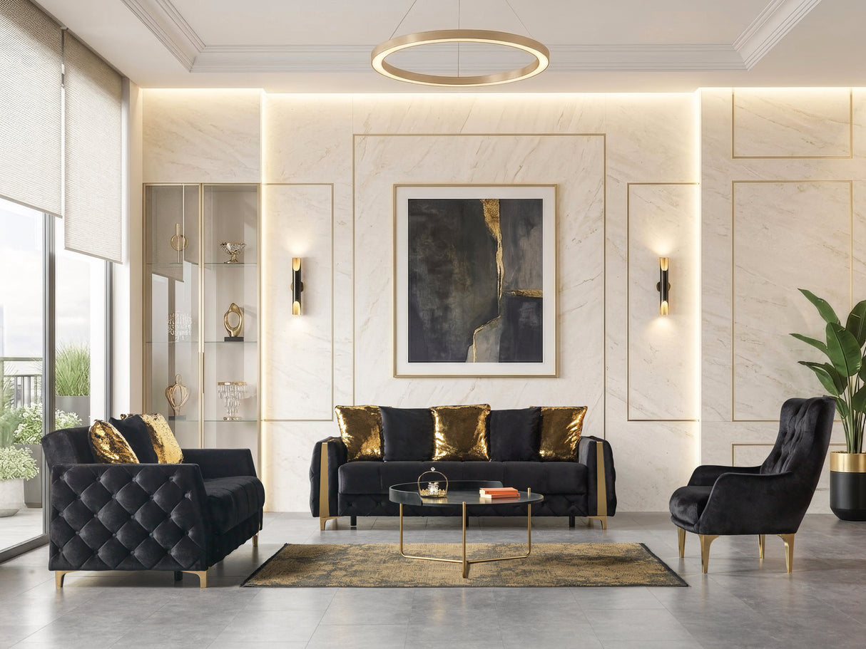 Florence Black sofa set with matching chair and chaise-style seat, black velvet and gold accents
