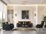 Florence Black sofa set with matching chair and chaise-style seat, black velvet and gold accents